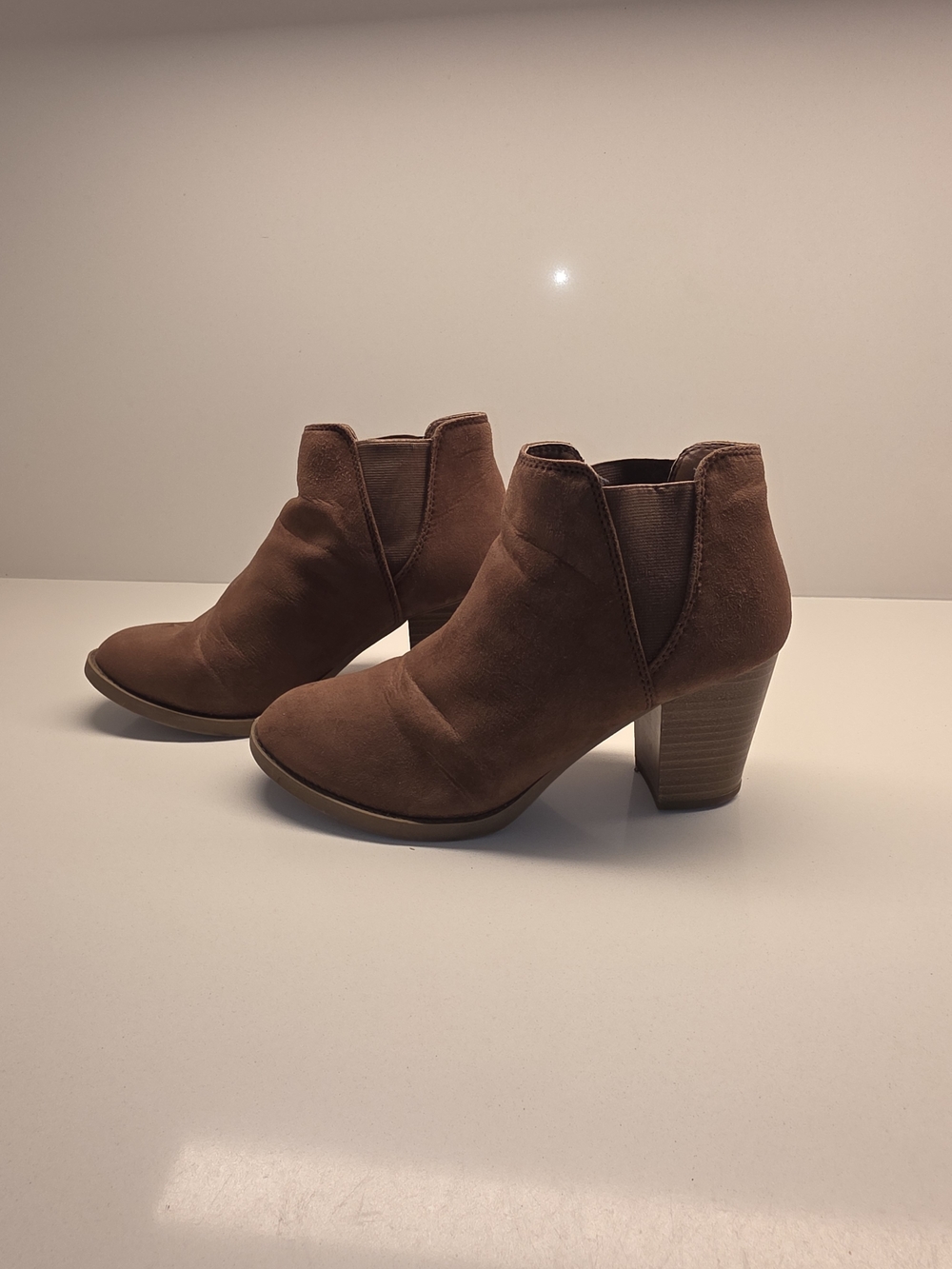 Serra Tan Suede Ankle Booties with Stacked Heel - Picture 2 of 8